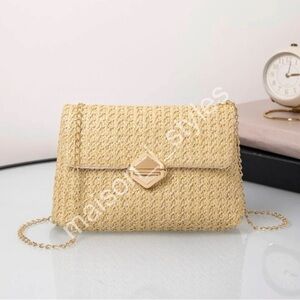straw bag adjustable gold chain crossbody shoulder Boho spring summer neutral